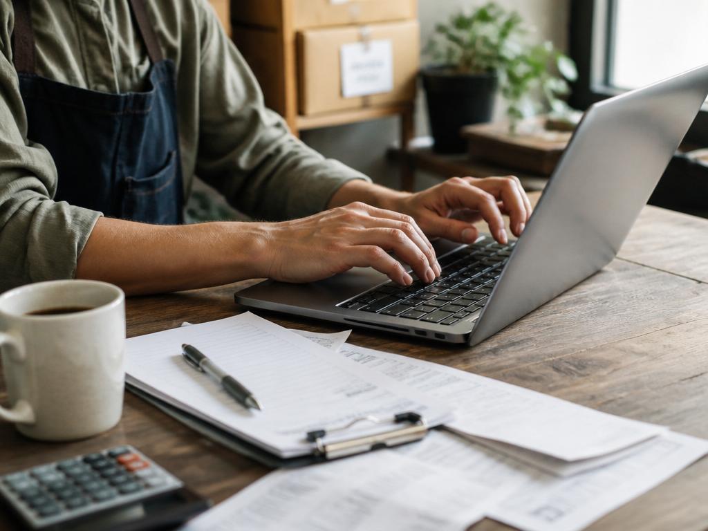 Small business owner applying online at a laptop with paperwork